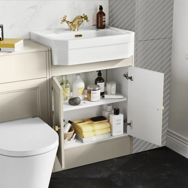 Monaco Chalk White Combination Vanity Traditional Basin and Boston Toilet 1200mm - Brushed Brass Accents