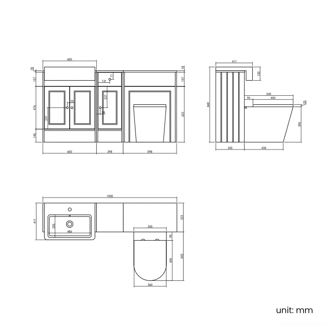 Monaco Graphite Grey Combination Vanity Basin and Boston Toilet 1500mm - Brushed Brass Accents