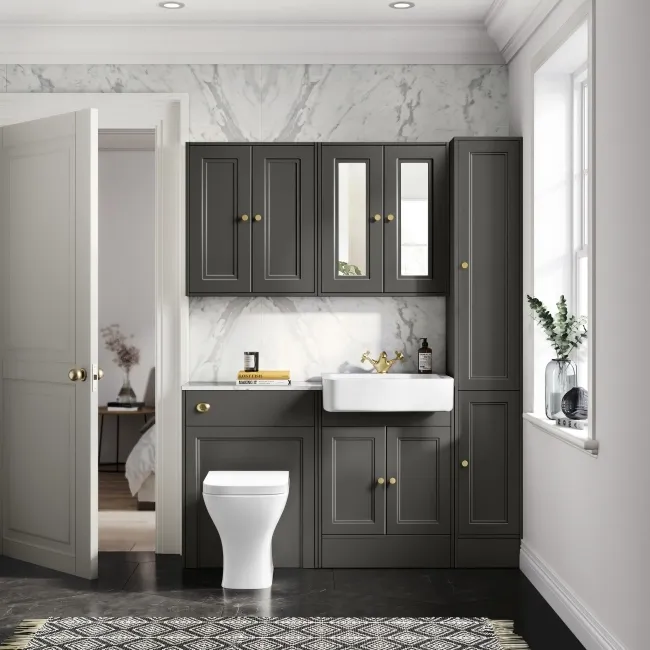 Monaco Graphite Grey Combination Vanity Basin with Marble Top & Atlanta Toilet 1200mm - Brushed Brass Accents