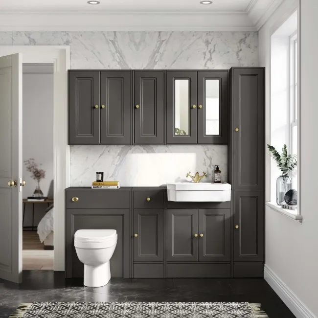 Monaco Graphite Grey Combination Vanity Traditional Basin and Seattle Toilet 1500mm - Brushed Brass Accents