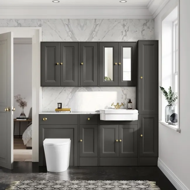 Monaco Graphite Grey Combination Vanity Traditional Basin with Marble Top and Boston Toilet 1500mm - Brushed Brass Accents