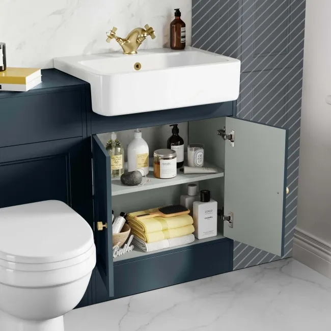 Monaco Inky Blue Combination Vanity Basin and Seattle Toilet 1200mm - Brushed Brass Accents