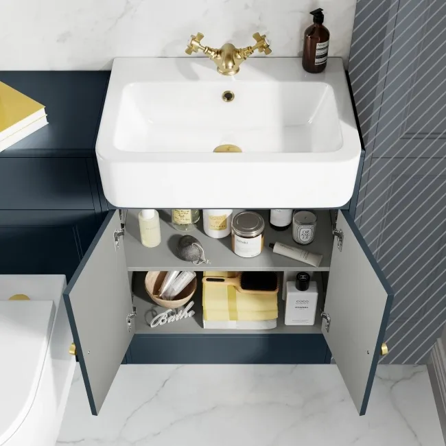 Monaco Inky Blue Combination Vanity Basin and Boston Toilet 1200mm - Brushed Brass Accents