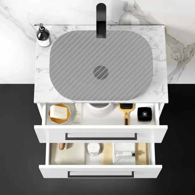 Elba Gloss White Wall Hung Drawer 600mm Excludes Counter Top Basin - Black Accents