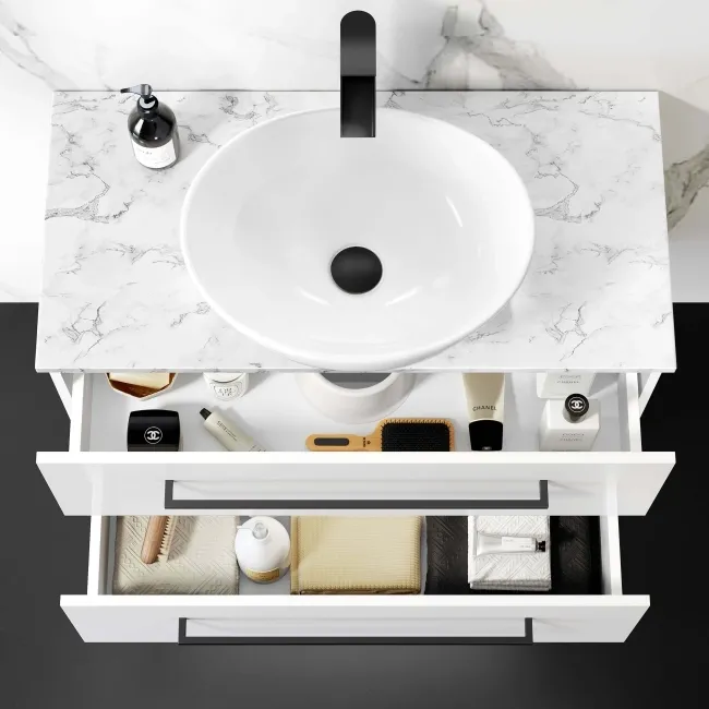 Elba Gloss White Wall Hung Drawer Vanity with Marble Top & Oval Counter Top Basin 800mm - Black Accents