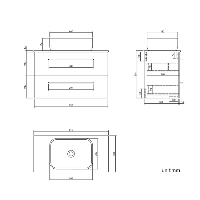 Elba Gloss White Wall Hung Drawer Vanity with Marble Top & Curved Counter Top Basin 800mm - Black Accents