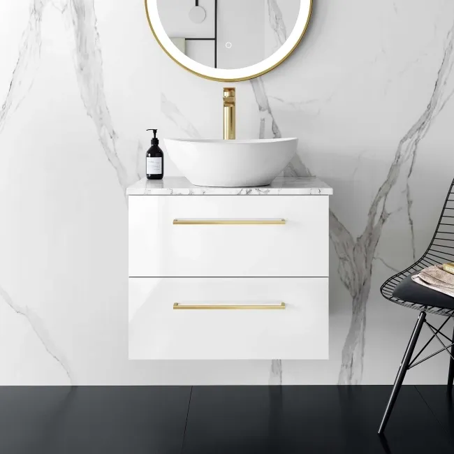 Elba Gloss White Wall Hung Drawer Vanity with Marble Top & Oval Counter Top Basin 600mm - Brushed Brass Accents