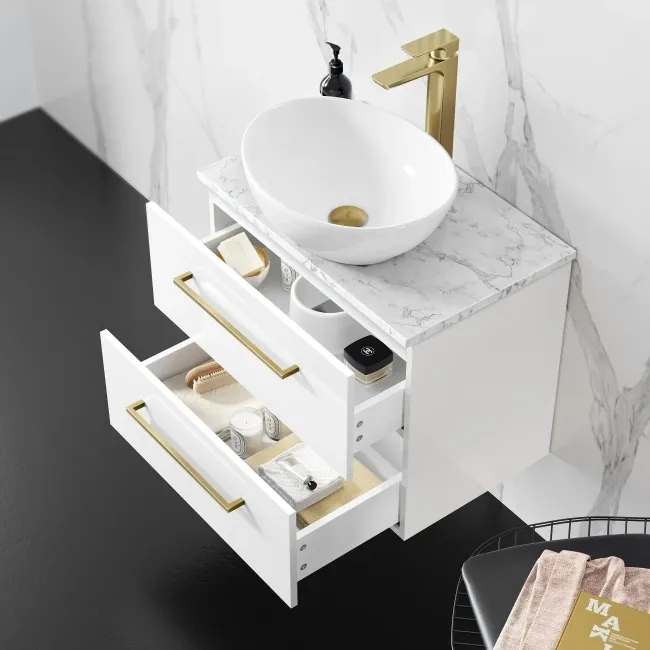 Elba Gloss White Wall Hung Drawer Vanity with Marble Top & Oval Counter Top Basin 600mm - Brushed Brass Accents