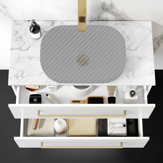 Elba Gloss White Wall Hung Drawer 800mm Excludes Counter Top Basin - Brushed Brass Accents