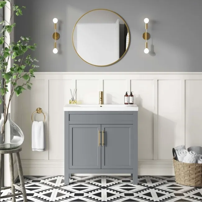 Bermuda Dove Grey Basin Vanity 800mm - Brass Knurled Handles
