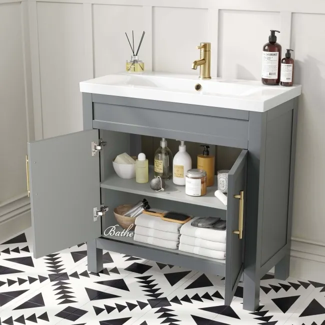 Bermuda Dove Grey Basin Vanity 800mm - Brass Knurled Handles