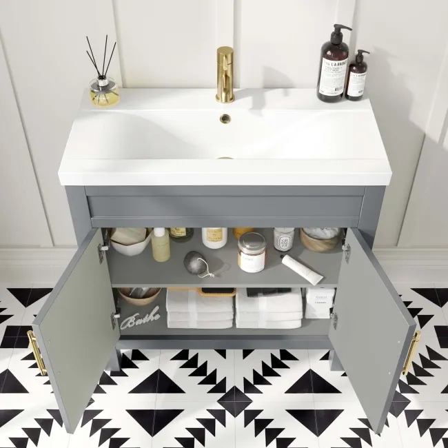 Bermuda Dove Grey Basin Vanity 800mm - Brass Knurled Handles