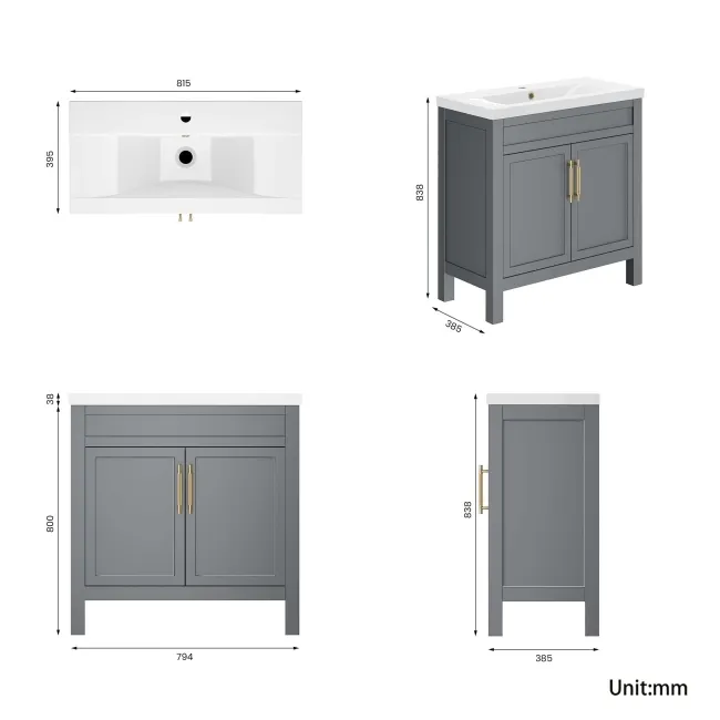 Bermuda Dove Grey Basin Vanity 800mm - Brass Knurled Handles