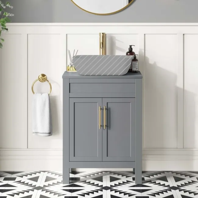 Bermuda Dove Grey Cabinet 600mm Excludes Counter Top Basin - Brass Knurled Handles