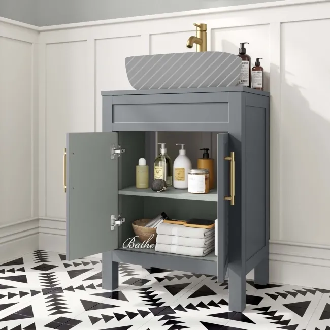 Bermuda Dove Grey Cabinet 600mm Excludes Counter Top Basin - Brass Knurled Handles