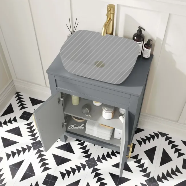 Bermuda Dove Grey Cabinet 600mm Excludes Counter Top Basin - Brass Knurled Handles