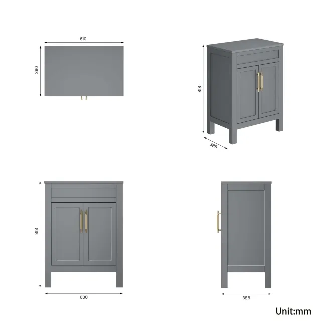 Bermuda Dove Grey Cabinet 600mm Excludes Counter Top Basin - Brass Knurled Handles
