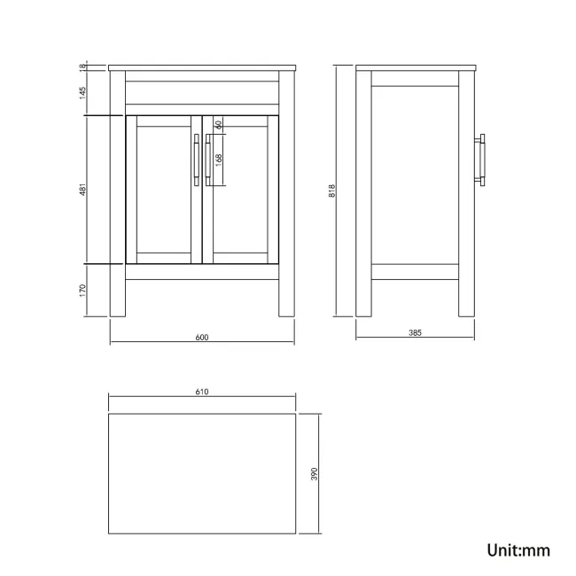Bermuda Dove Grey Cabinet 600mm Excludes Counter Top Basin - Brass Knurled Handles
