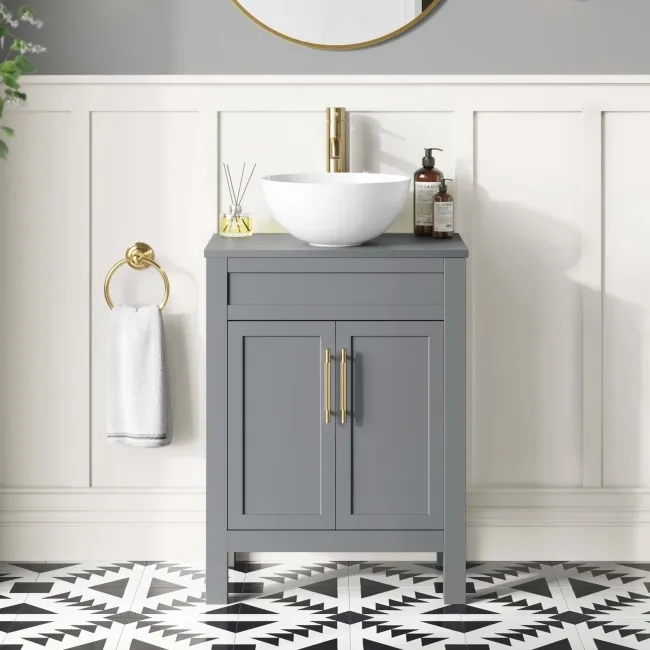 Bermuda Dove Grey Vanity with Round Counter Top Basin 600mm - Brass Knurled Handles