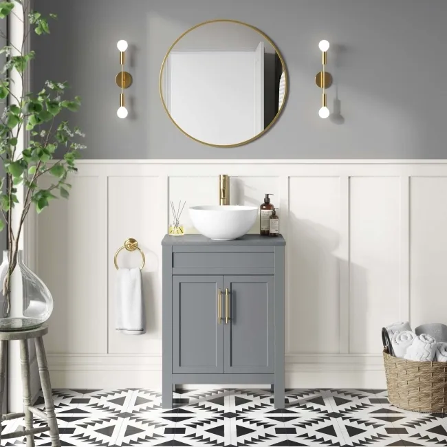 Bermuda Dove Grey Vanity with Round Counter Top Basin 600mm - Brass Knurled Handles
