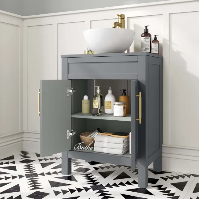 Bermuda Dove Grey Vanity with Round Counter Top Basin 600mm - Brass Knurled Handles