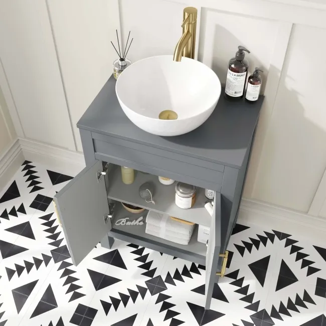 Bermuda Dove Grey Vanity with Round Counter Top Basin 600mm - Brass Knurled Handles