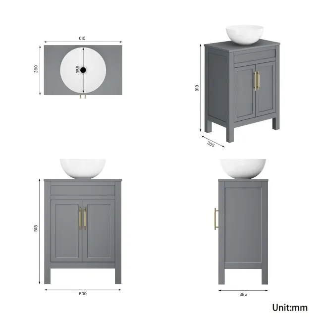Bermuda Dove Grey Vanity with Round Counter Top Basin 600mm - Brass Knurled Handles