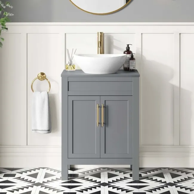 Bermuda Dove Grey Vanity with Oval Counter Top Basin 600mm - Brass Knurled Handles