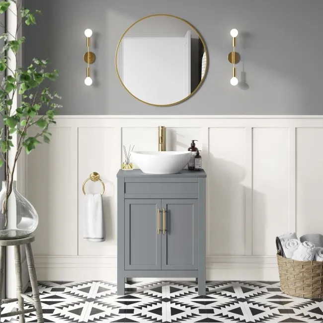 Bermuda Dove Grey Vanity with Oval Counter Top Basin 600mm - Brass Knurled Handles