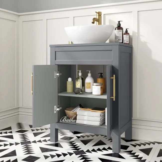 Bermuda Dove Grey Vanity with Oval Counter Top Basin 600mm - Brass Knurled Handles