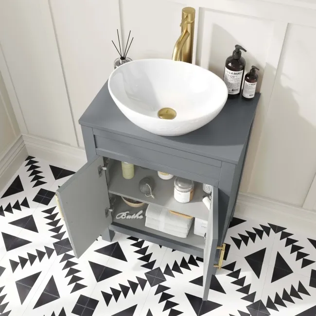 Bermuda Dove Grey Vanity with Oval Counter Top Basin 600mm - Brass Knurled Handles