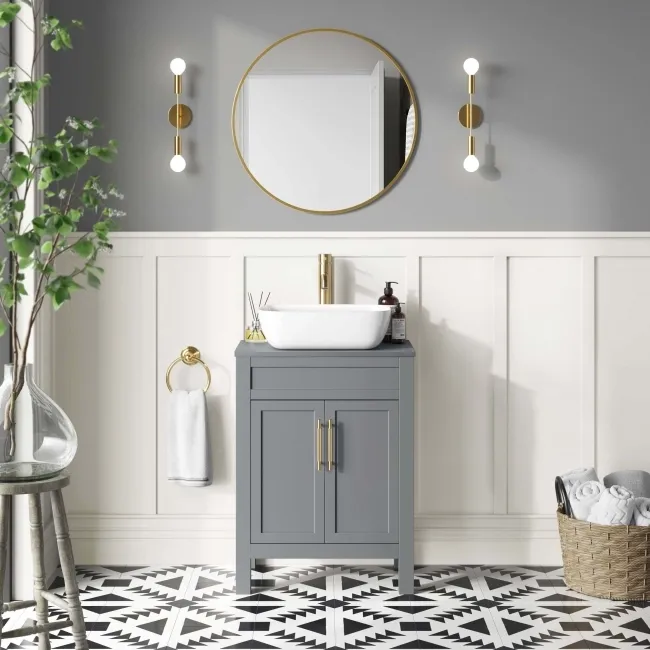 Bermuda Dove Grey Vanity with Curved Counter Top Basin 600mm - Brass Knurled Handles