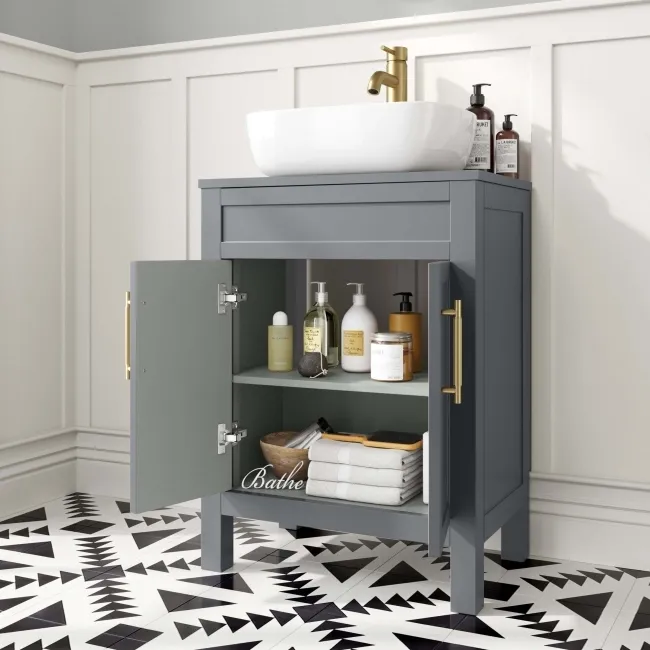 Bermuda Dove Grey Vanity with Curved Counter Top Basin 600mm - Brass Knurled Handles