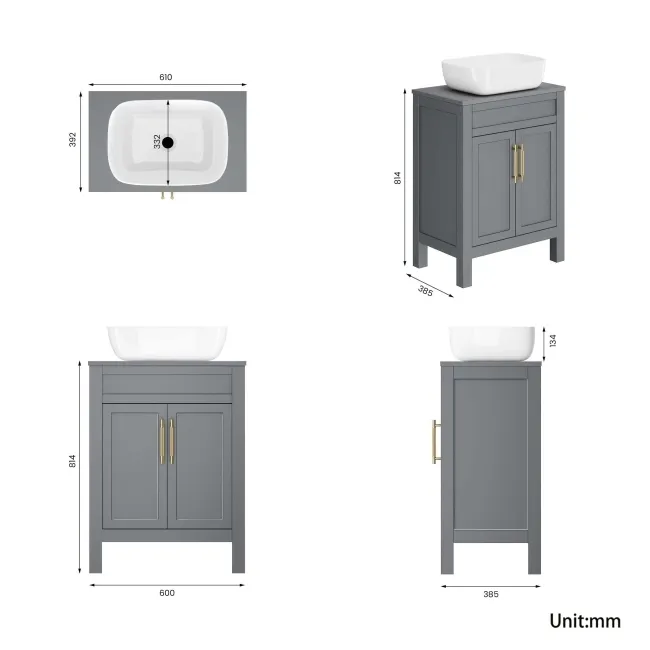 Bermuda Dove Grey Vanity with Curved Counter Top Basin 600mm - Brass Knurled Handles