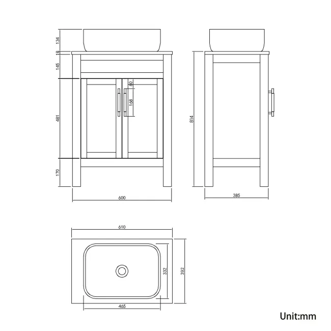Bermuda Dove Grey Vanity with Curved Counter Top Basin 600mm - Brass Knurled Handles