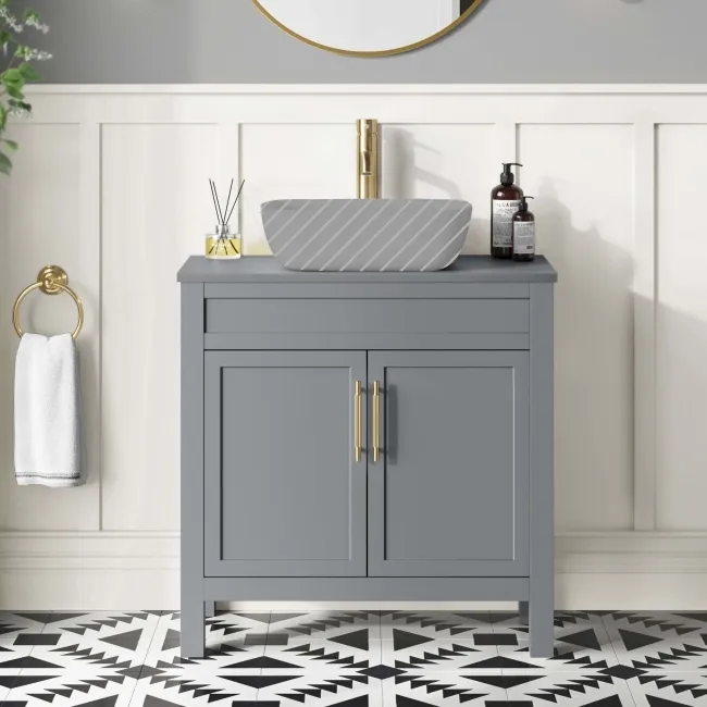 Bermuda Dove Grey Cabinet 800mm Excludes Counter Top Basin - Brass Knurled Handles