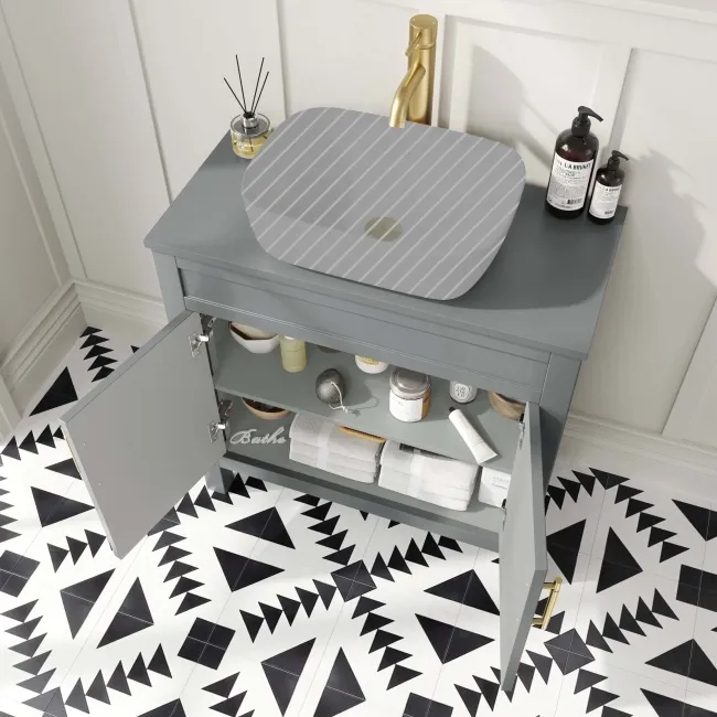 Bermuda Dove Grey Cabinet 800mm Excludes Counter Top Basin - Brass Knurled Handles