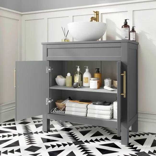 Bermuda Dove Grey Vanity with Round Counter Top Basin 800mm - Brass Knurled Handles