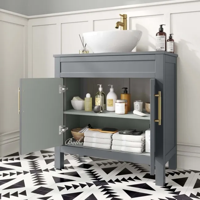 Bermuda Dove Grey Vanity with Oval Counter Top Basin 800mm - Brass Knurled Handles