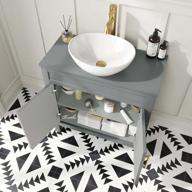 Bermuda Dove Grey Vanity with Oval Counter Top Basin 800mm - Brass Knurled Handles