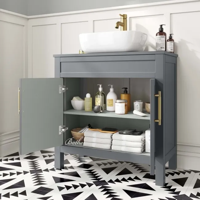 Bermuda Dove Grey Vanity with Curved Counter Top Basin 800mm - Brass Knurled Handles