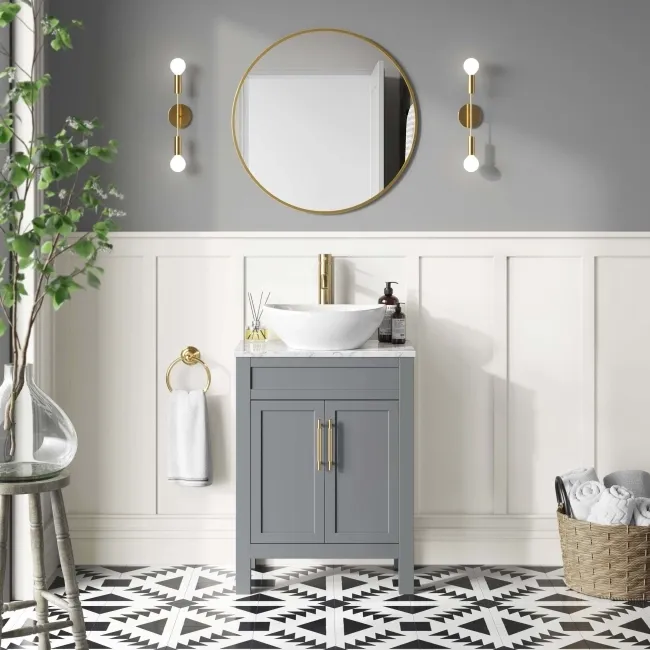 Bermuda Dove Grey Vanity with Marble Top & Oval Counter Top Basin 600mm - Brass Knurled Handles