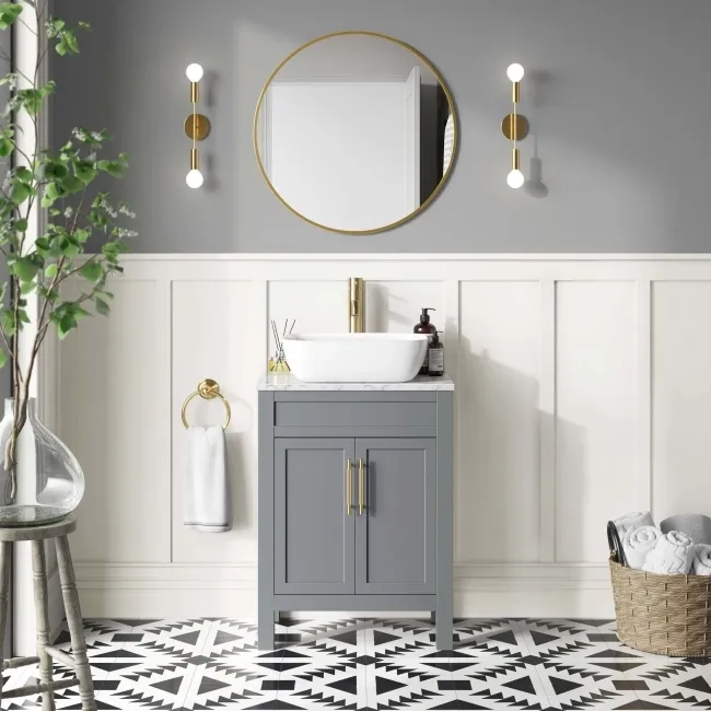Bermuda Dove Grey Vanity with Marble Top & Curved Counter Top Basin 600mm - Brass Knurled Handles