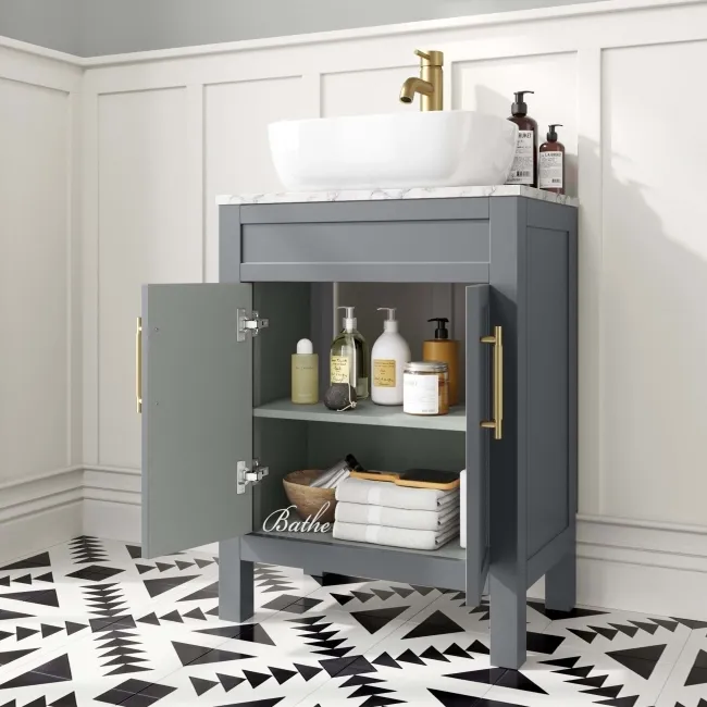 Bermuda Dove Grey Vanity with Marble Top & Curved Counter Top Basin 600mm - Brass Knurled Handles