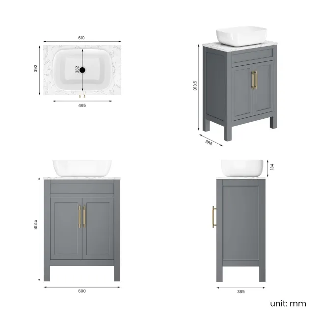 Bermuda Dove Grey Vanity with Marble Top & Curved Counter Top Basin 600mm - Brass Knurled Handles
