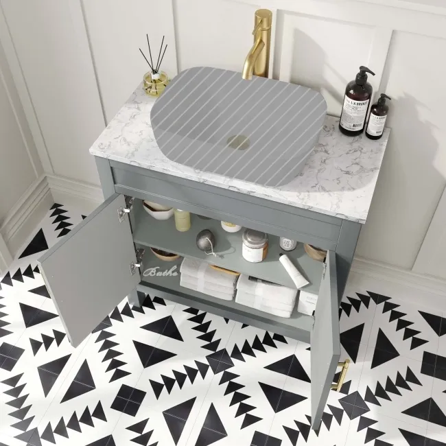 Bermuda Dove Grey Cabinet with Marble Top 800mm Excludes Counter Top Basin - Brass Knurled Handles