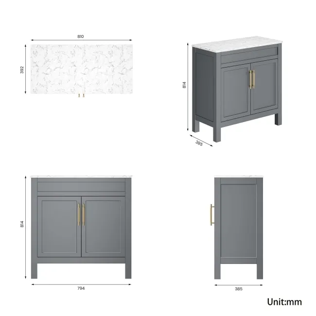 Bermuda Dove Grey Cabinet with Marble Top 800mm Excludes Counter Top Basin - Brass Knurled Handles