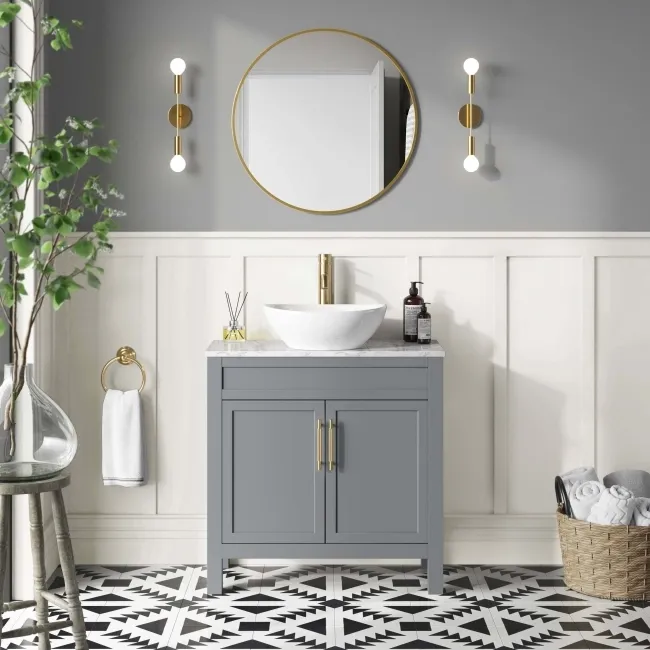Bermuda Dove Grey Vanity with Marble Top & Oval Counter Top Basin 800mm - Brass Knurled Handles