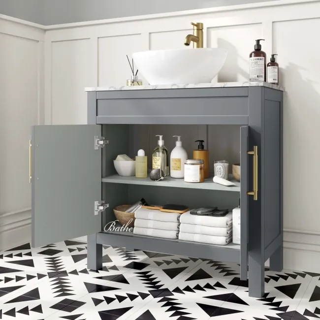 Bermuda Dove Grey Vanity with Marble Top & Oval Counter Top Basin 800mm - Brass Knurled Handles