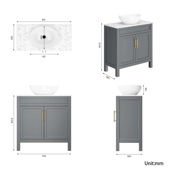 Bermuda Dove Grey Vanity with Marble Top & Oval Counter Top Basin 800mm - Brass Knurled Handles